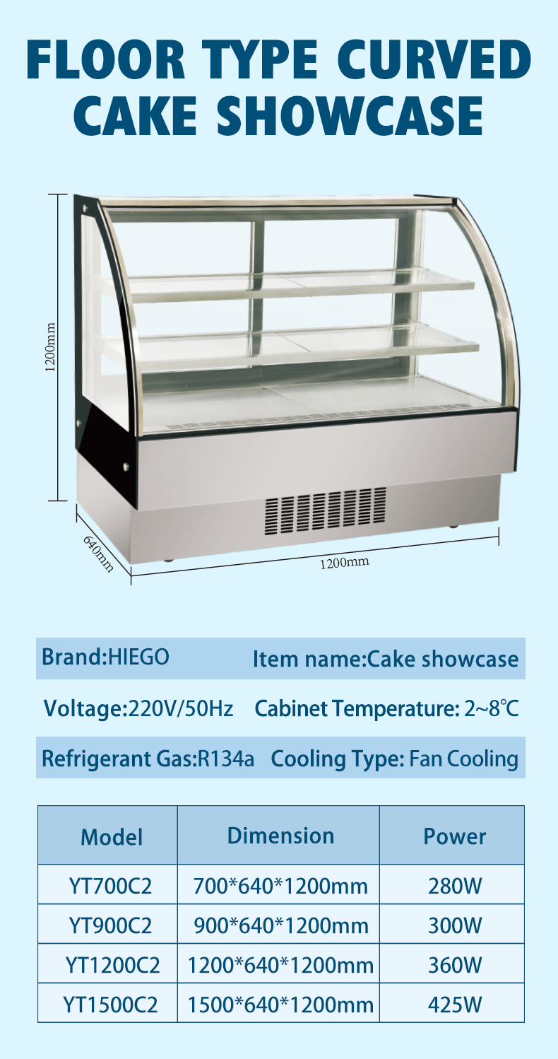 Confectionery Curved Cake Showcase Chiller Commercial Cake Display Cabinet For Supermarket