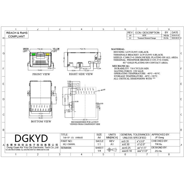 Extra low frofile RJ45 PCB Connector cat5 Network Port RJ45 with magnetics KRJ-CB009NL