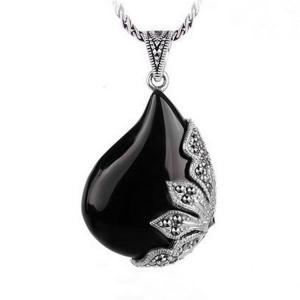 Quality Vintage Jewelry 925 Silver Black Onyx  Marcasite Drop  Pendant Necklace 18 Inches (JA1674BLACK) for sale