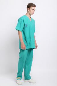 Quality 125 GSM Men Nurse V Neck Green Plain Woven Medical Uniform Suit for sale