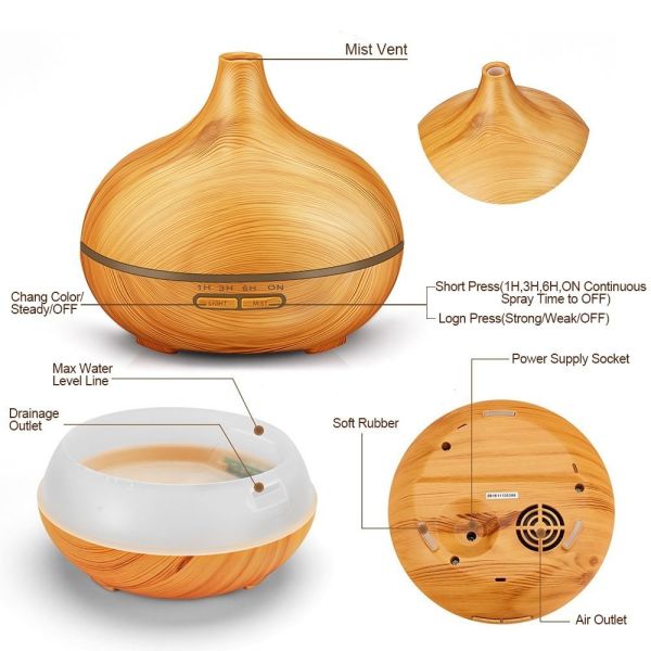Wood Grain 300ml 50ml/H Ultrasonic Air Aroma Humidifier 0.65A
